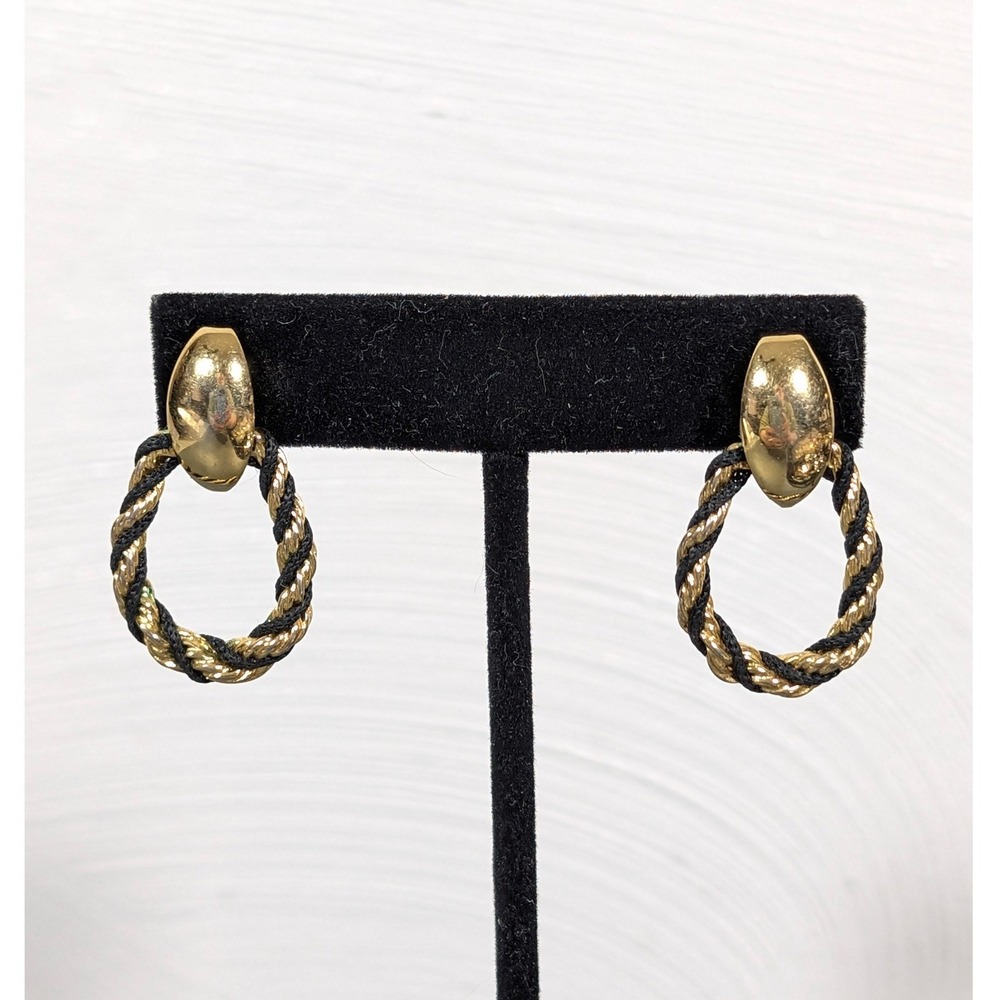 Vintage Gold Tone Black Cord Twist Door Knocker Dangle Earrings Pierced